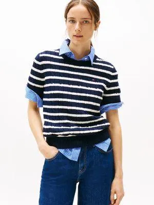 Short-Sleeve Cable Knit Crewneck Sweater