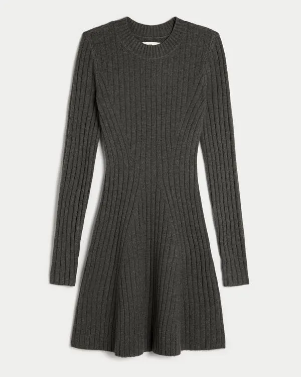 Ribbed Skater Mini Sweater Dress