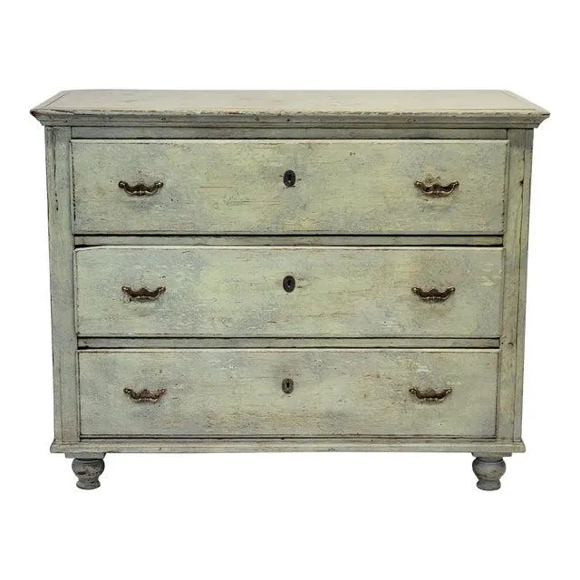 Antique European Rustic Pine Seafoam Painted Dresser Chest of Drawers