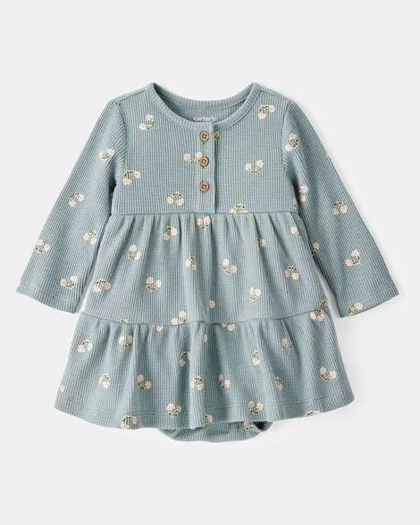 Baby Floral Waffle Knit Bodysuit Dress - Green