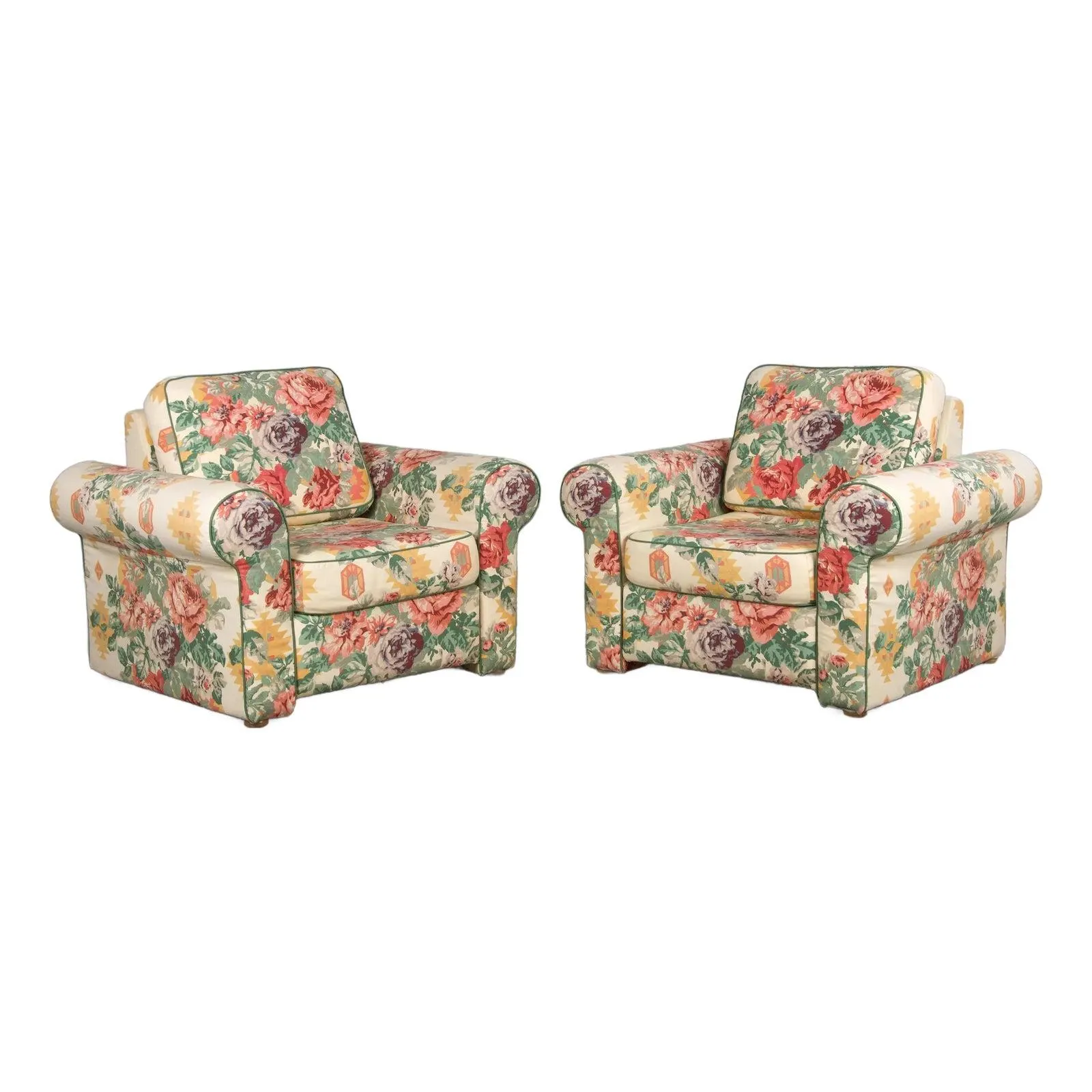 1980s French Club Chairs W/ Floral Fabric - A Pair