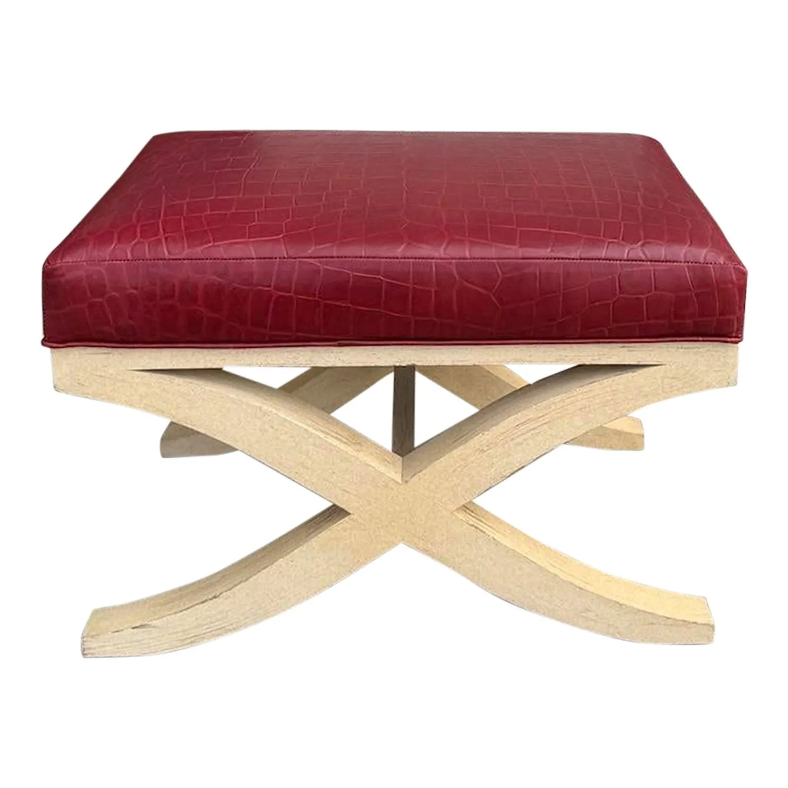 Mid Century Modern Red Crocodile Embossed Leather X Bench Footstool
