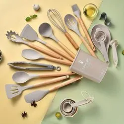 Brodark® 35-Piece Wooden Handle Silicone Utensil Set - Beige