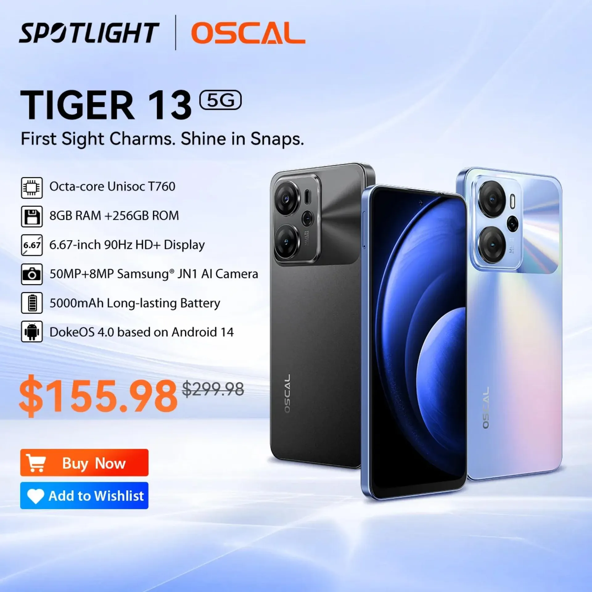 [Estreno mundial] OSCAL TIGER 13 5G Smartphone Unisoc T760, pantalla IPS de 6.67”, 8 GB + 256 GB, cámara de 50 MP con IA, NFC, 5000 mAh