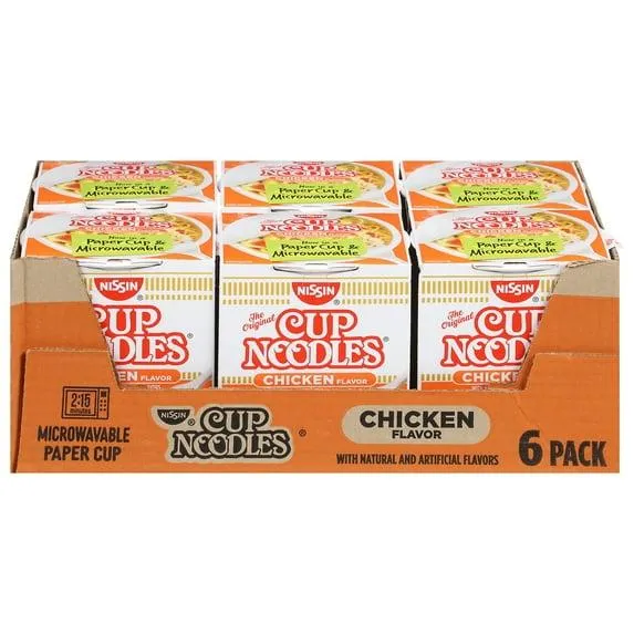 Nissin Foods Cup Noodles Ramen Noodle Soup, Chicken Flavor, 2.25 oz Cup, Shelf-Stable, 6 Pack