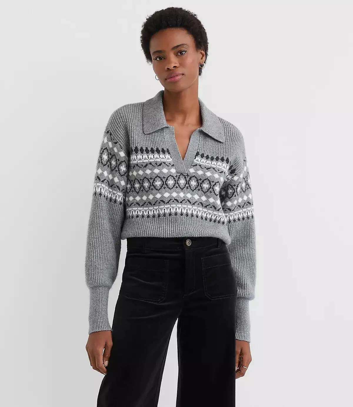 Fair Isle Ribbed Collared Sweater