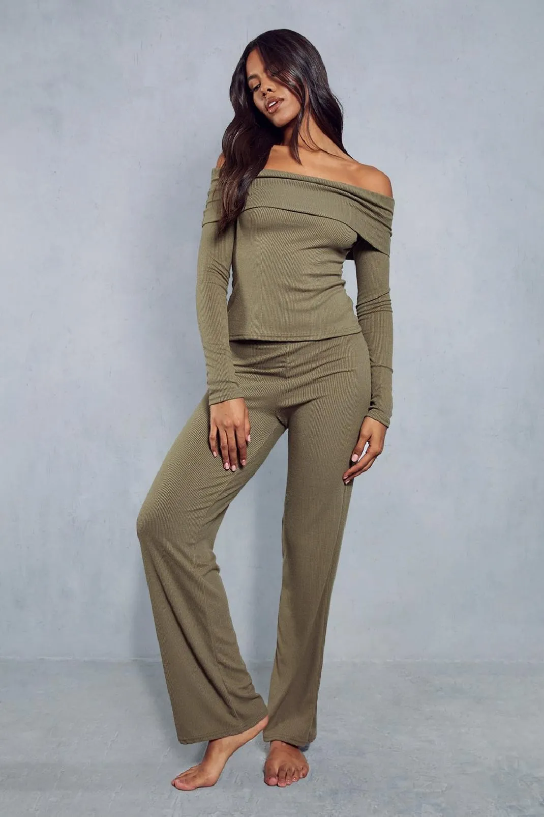 Bardot Fold Over Rib Top & Trouser Co-ord