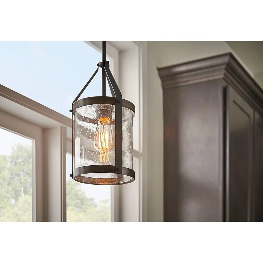 Kichler Barrington 1 -Light Distressed Black and Wood Tone Rustic Seeded glass Cylinder Small Hanging Pendant light
