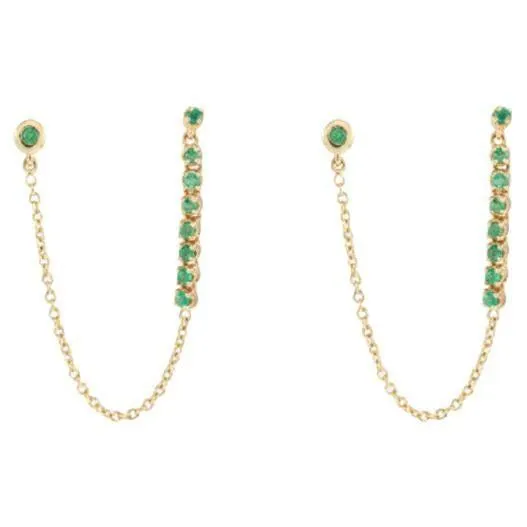 Minimal Double Piercing Emerald Chain Earrings Crafted in 18k Yellow Gold