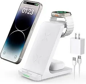Wireless Charging Station, 3 in 1 Fast Wireless Charger Stand for Multiple Devices Apple Watch Ultra Series 10 9 8 7 6 SE 5 4 3 2, iPhone 16 15 14 13 12 11 Pro Max/Plus/Mini/X/XS/Max/XR/SE, Airpods