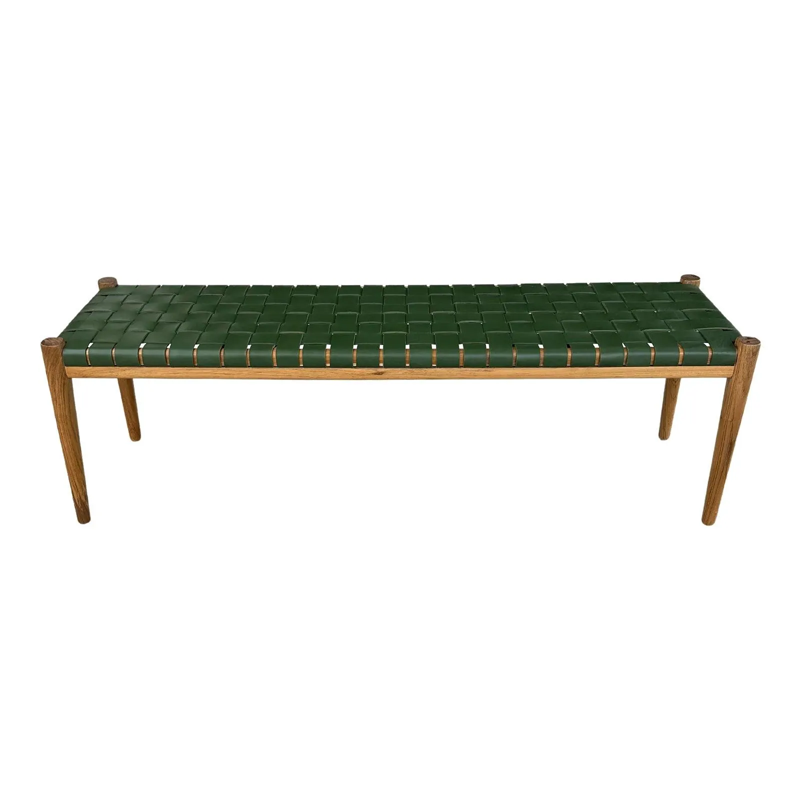 Teak Wood Framed Bench, With Woven Leather Seat
