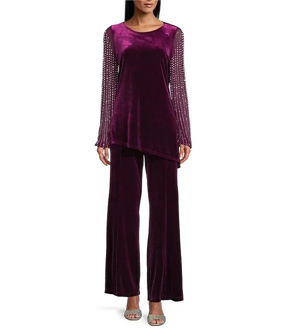 Velvet 2-Piece Beaded Mesh Long Sleeve Pant Set