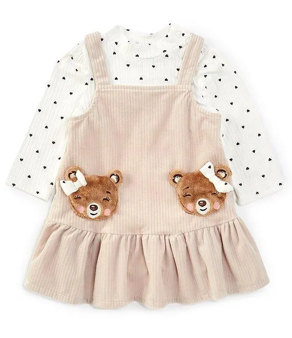 Baby Girls 12-24 Months Bear-Face-Applique Corduroy Jumper Dress & Long Sleeve Heart-Printed Bodysuit