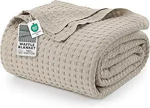 Utopia Bedding Khaki 100% Cotton Waffle Blanket 300 GSM [Queen - 90x90 Inch] Soft Lightweight Breathable Bed Blanket for All Season