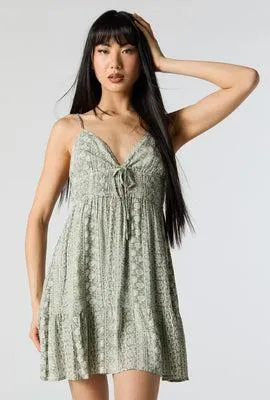 Green Floral Print V-Neck Self Tie Mini Dress