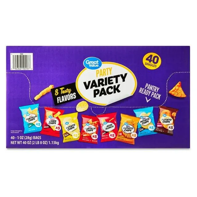 Great Value Party Snack Chips Variety Pack, 40 Count, 1 oz