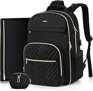 MOMUVO Diaper Bag Backpack, Quilted Baby Bag with Changing Pad & Stroller Straps & Pacifier Case, Large Travel Diaper Bags for Mom Dad, Black