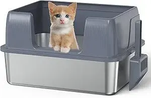 Stainless Steel Litter Box with Lid, High Side Metal Kitty Litter Box, No Stick, No Smell, Easy to Clean