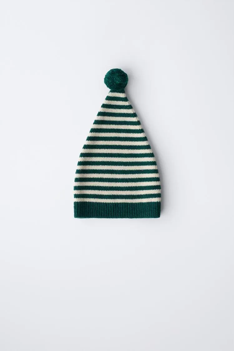 6-12 MONTHS/ STRIPED KNIT HAT WITH WOOL POMPOM