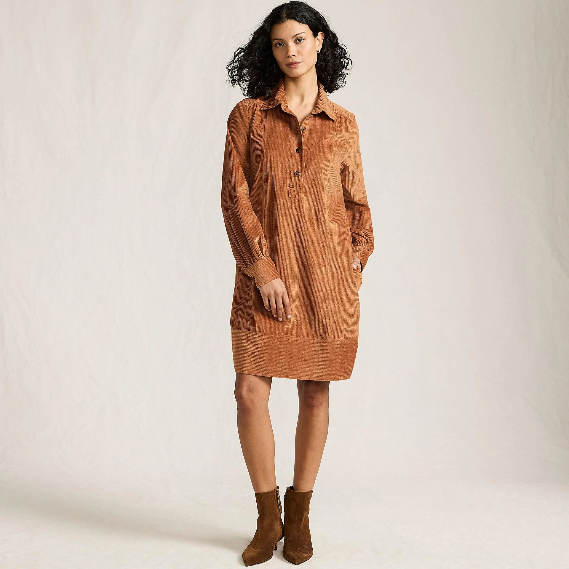 Women's Wide Wale Cord Popover Long Sleeve Shirt Dress