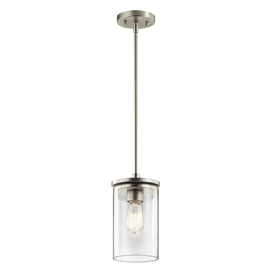 Kichler Crosby 1 -Light Brushed Nickel Modern/contemporary Clear glass Cylinder Mini Hanging Pendant light