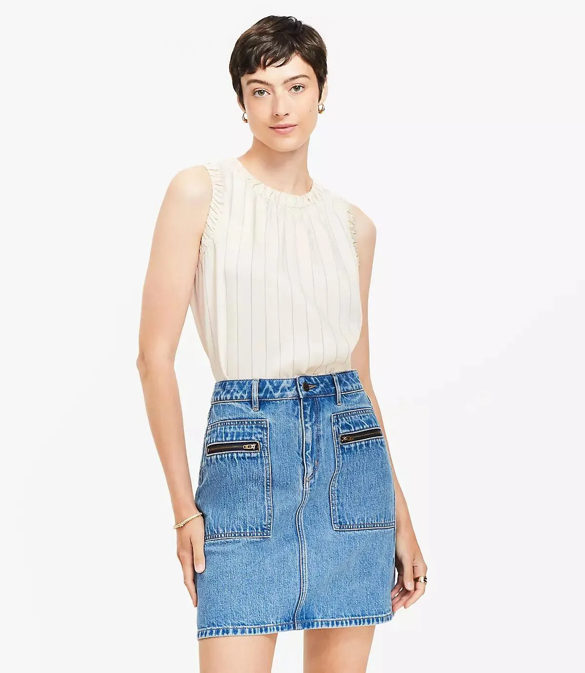 Stripe Ruched Mixed Media Shell