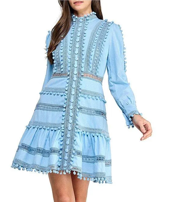 Carla Woven Mock Neck Long Sleeves Ruffle Tiered Hem Fit & Flare Mini Dress