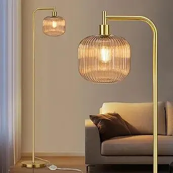 QiMH Glass Floor Lamp for Living Room, Modern Standing Lamp with Ribbed Champagne Glass Lampshade Pedal Switch, 67” Tall Lamp for Bedroom Study Room, Brushed Gold (2700K LED Bulb Included)