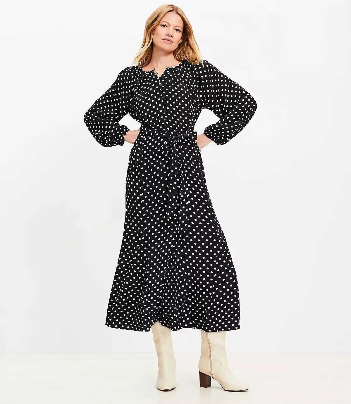 Dotted Button Godet Midi Dress