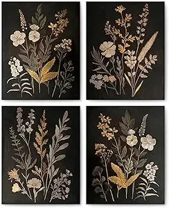 FITIE Vintage Moody Floral Wall Art Prints Set of 4, Floral Room Decor, Dark Academia Retro Flowers Botanical Wall Art Posters for Home Bedroom Living Room Decor, 8x10 Unframed