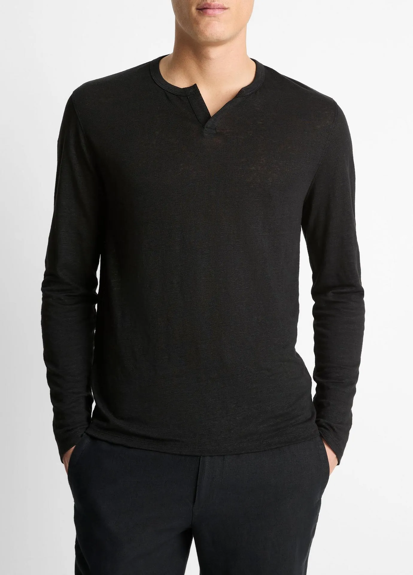 Linen Long-Sleeve Split-Neck T-Shirt