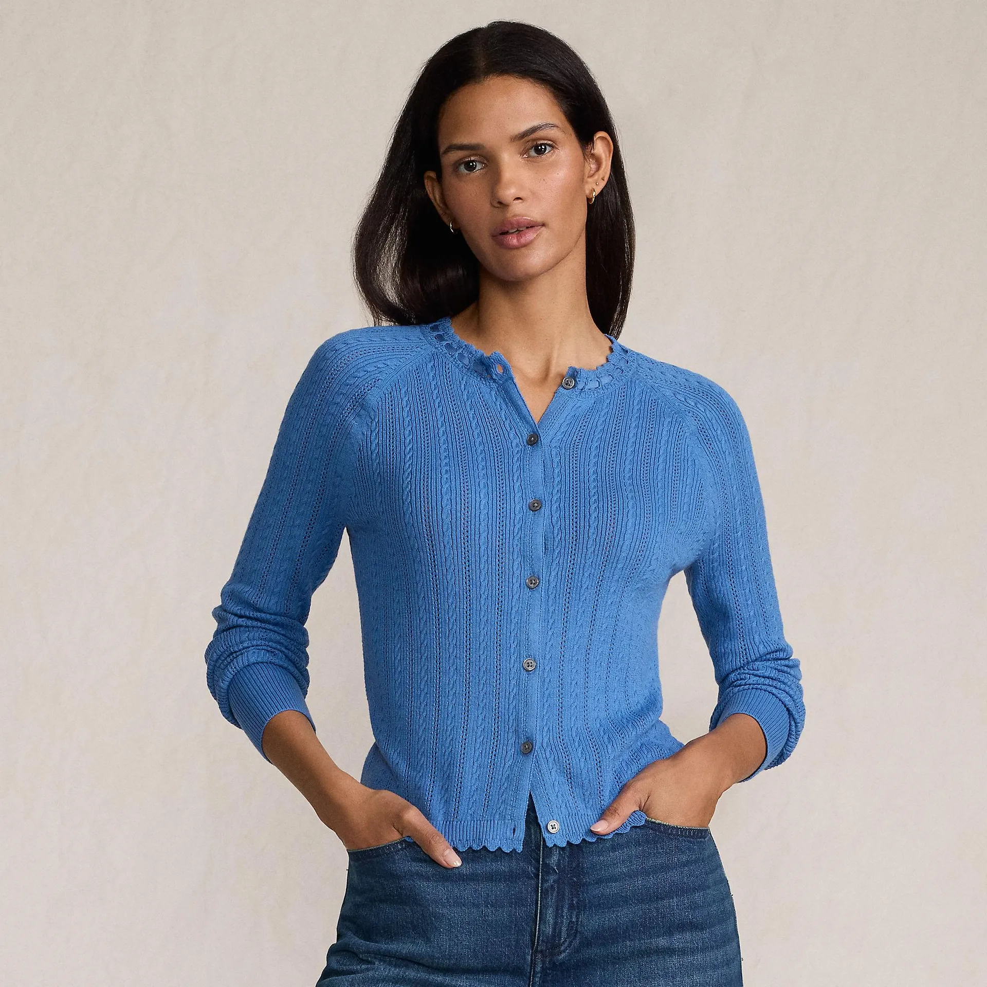 Women's Cotton Pointelle Satin Trim Cardigan Sweater