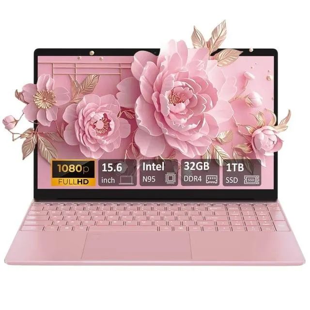 Auusda 15.6" Business Laptop, 32GB RAM 1TB SSD, Windows 11 Pro Computers, Intel N95 CPU, Pink