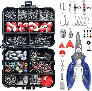 264pc Fishing Tackle Accessories Kit with Tackle Box - Including Jig Hooks, Weights, Floats, Bobber Stop (Red)