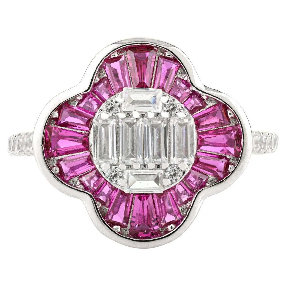 Silvorra Elegant 925 Sterling Silver Floral Ring with Pink & White Cubic Zircon