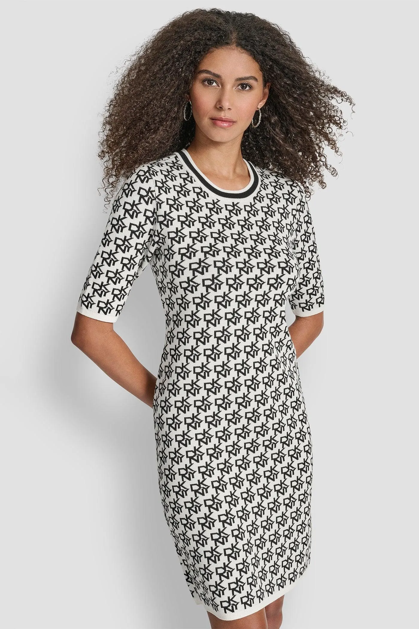 SHORT SLEEVE LOGO INTARSIA SWEATER DRESS