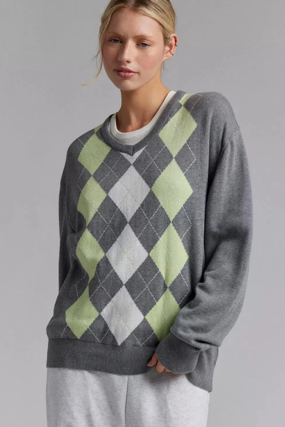 BDG Tashi Argyle Oversized V-Neck Sweater