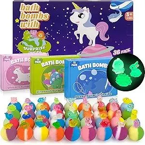Bath Bombs for Kids with Toy Inside, 36 Pcs Bath Bombs with Glow in The Dark Dinosuar, Animal and Ocean Surprise Inside, Handmade Organic Bubble Bath Ball Gift Set for Birthday, Easter, Christmas