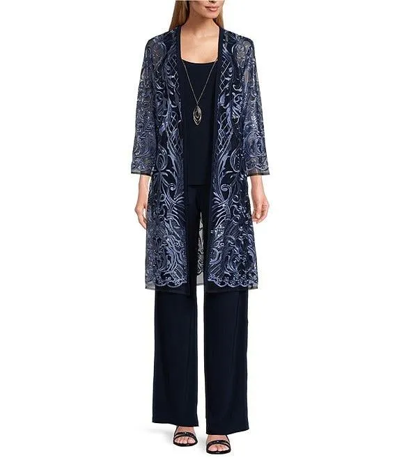 3/4 Sleeve Round Neck Embellished Sequin Duster Jacket 3-Piece Pant Set