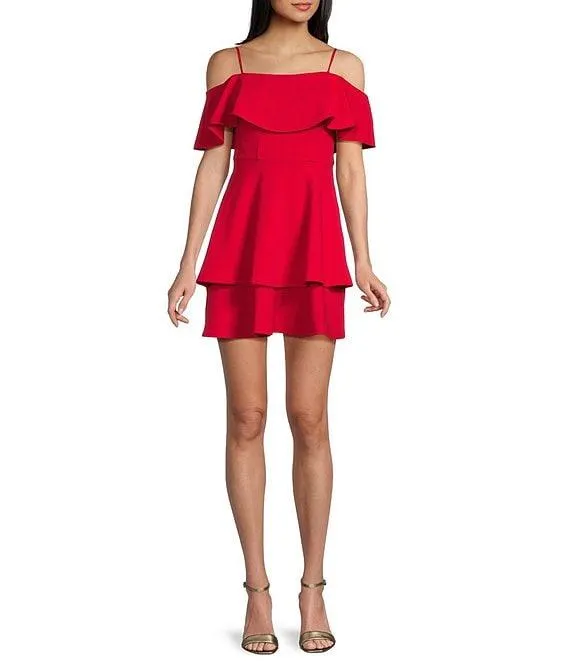 Off-The-Shoulder Popover Double Hem Skater Dress