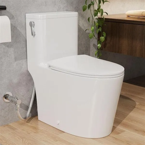 1-Piece 1.1/1.6 GPF High Efficiency Left Side Dual Flush Handle Elongated Toilet in Gloss White Soft-Close Seat