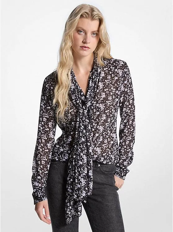 Floral Print Georgette Tie-Neck Blouse