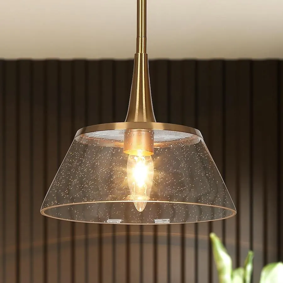 LNC Quoridan 9-in 1 -Light Polished Gold and Clear Seeded Glass Modern/contemporary Seeded glass Drum Mini Hanging Pendant light