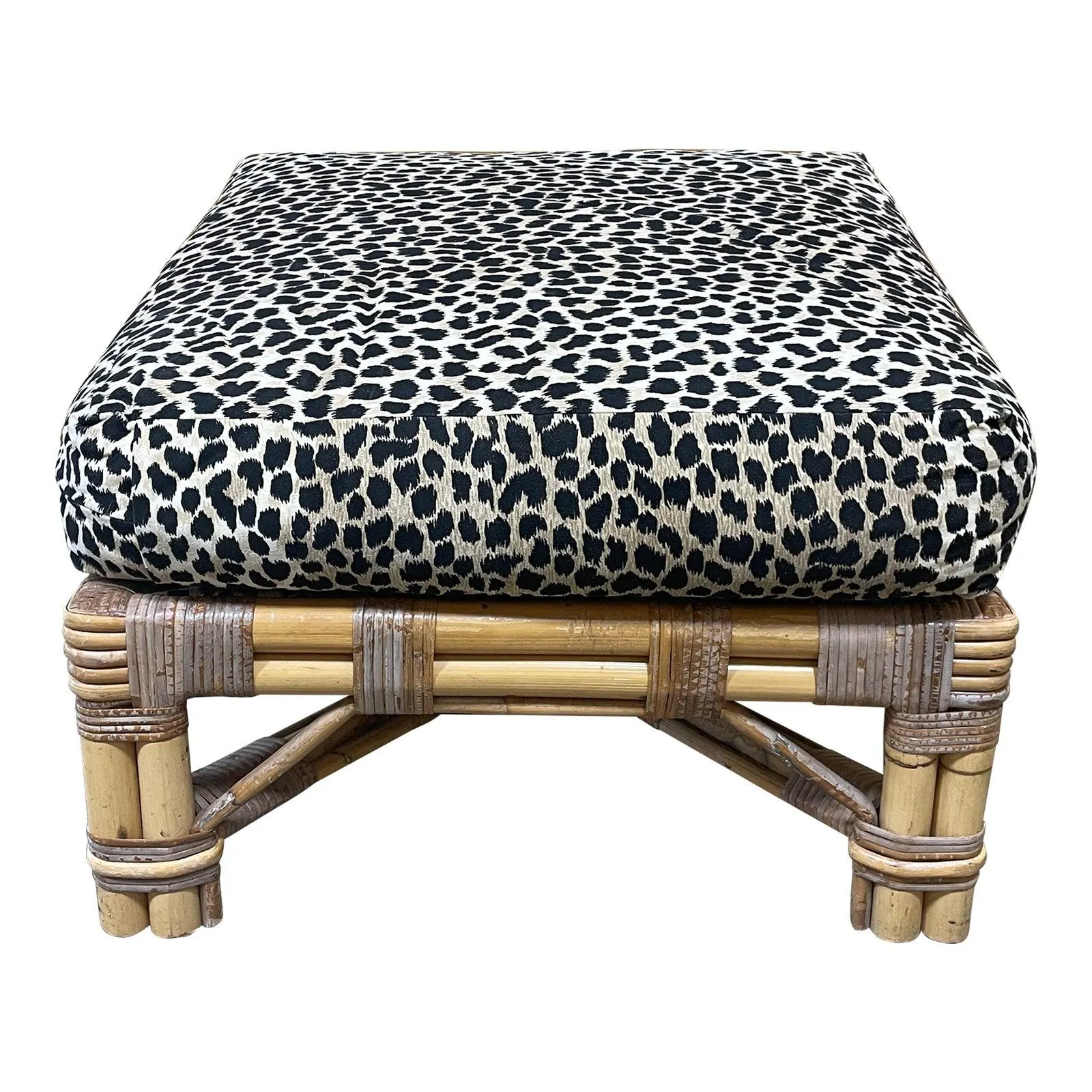 Vintage Bamboo Ottoman Upholstered in Leopard Suede