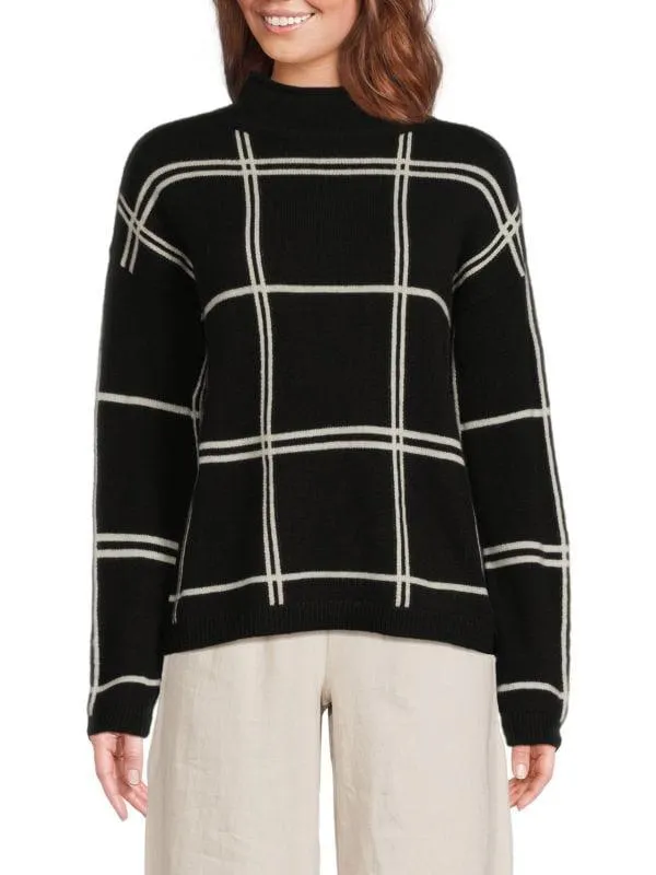 100% Cashmere Check Mockneck Sweater