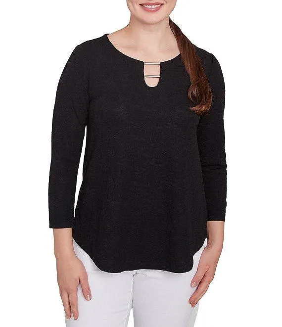 Petite Size Solid Paisley Floral Textured Knit Double Bar Detail Top