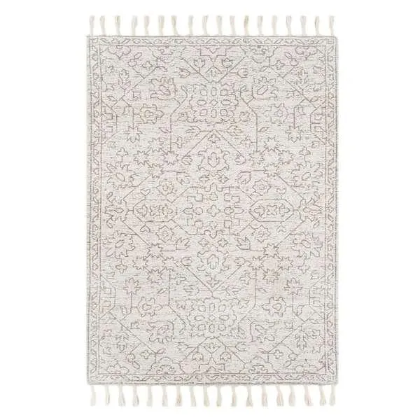 (B719) Elsa Cream Flatweave Fringe Area Rug, 5x7