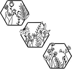 OYEFLY 3 Pcs Metal Flower Wall Decor,Farmhouse Flower Art (Black)