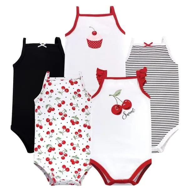 Hudson Baby Infant Girl Cotton Sleeveless Bodysuits 5pk, Cherries