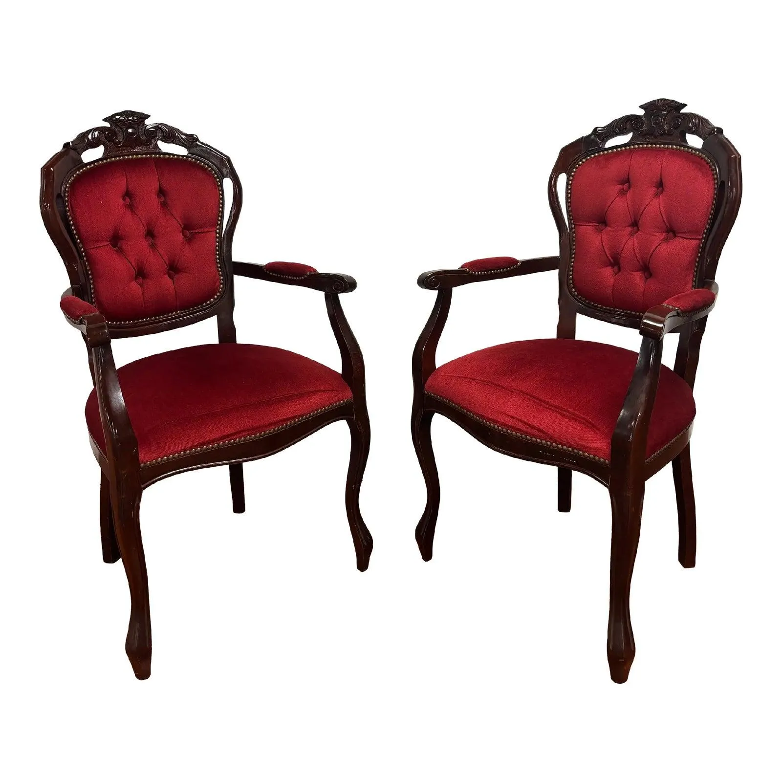 Pair of French Baroque Style Button Back Salon Chairs, 1970s
